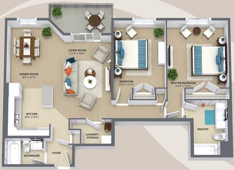 Floor plan for 2 beds, 2 baths, 1170 sqft